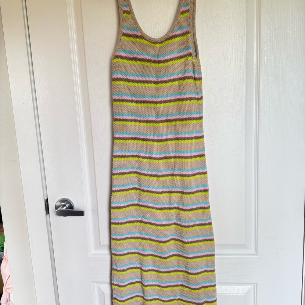 Roxy Beige Maxi Dress with Pastel Pink Blue Green Stripes